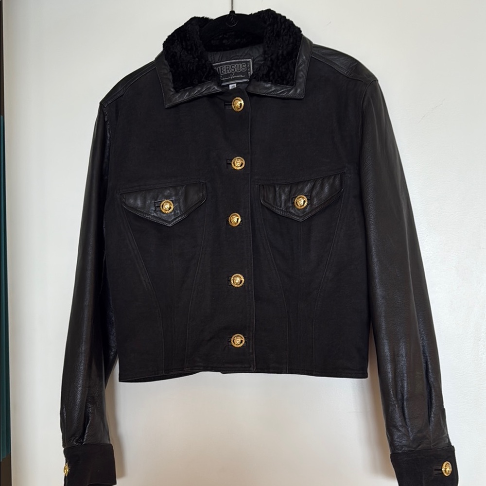 Versus By Versace Black Leather and Denim Jacket Classic Design